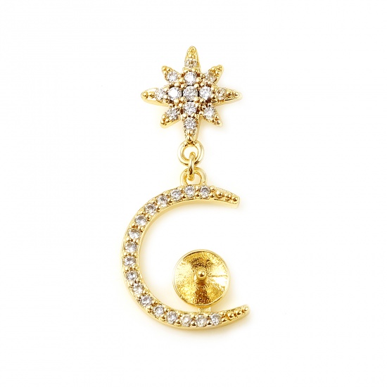Picture of Brass Galaxy Pearl Pendant Connector Bail Pin Cap 18K Real Gold Plated Half Moon Star Micro Pave Needle Thickness: 1mm, Clear Rhinestone 29mm x 13mm, 1 Piece                                                                                                 