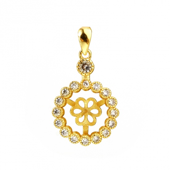 Picture of Brass Micro Pave Pearl Pendant Connector Bail Pin Cap 18K Real Gold Plated Round Flower Needle Thickness: 0.7mm, Clear Rhinestone 26mm x 15mm, 1 Piece                                                                                                        
