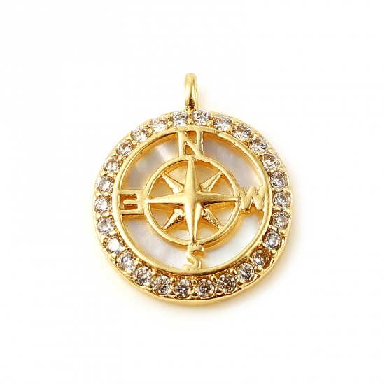 Picture of Brass Travel Charms Round 18K Real Gold Plated Compass Micro Pave Clear Rhinestone 15mm x 13mm, 1 Piece