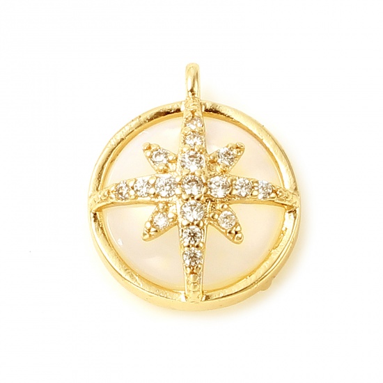 Picture of Shell & Brass Galaxy Charms Round 18K Real Gold Plated White Star Micro Pave Clear Rhinestone 14mm x 12mm, 1 Piece