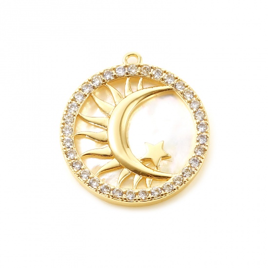Picture of Shell & Copper Galaxy Charms Round 18K Real Gold Plated White Moon Micro Pave Clear Rhinestone 22mm x 20mm, 1 Piece