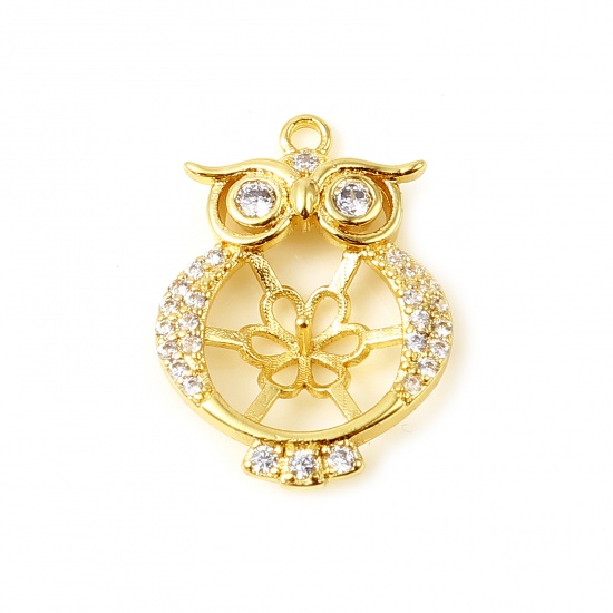 Picture of Brass Micro Pave Pearl Pendant Connector Bail Pin Cap 18K Real Gold Plated Owl Animal Needle Thickness: 0.8mm, Clear Rhinestone 19mm x 14mm, 1 Piece                                                                                                          