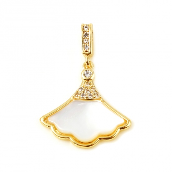 Picture of Shell & Copper Micro Pave Charms Gingko Leaf 18K Real Gold Plated White Clear Rhinestone 21mm x 15mm, 1 Piece