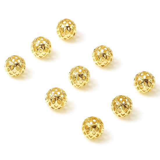 Immagine di Rame Perline Oro riempito Tondo Filigrana Circa 8mm Dia., Foro:Circa 3.6mm, 5 Pz