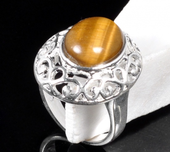 Picture of 1 Piece Brass & Tiger's Eyes Unadjustable Rings Round Filigree Silver Plated Brown 18.3mm(US Size 8.25)