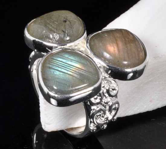 Picture of 1 Piece Brass & Moss Quartz Unadjustable Rings Drop Carved Pattern Silver Plated AB Color 19.1mm(US Size 9.25)