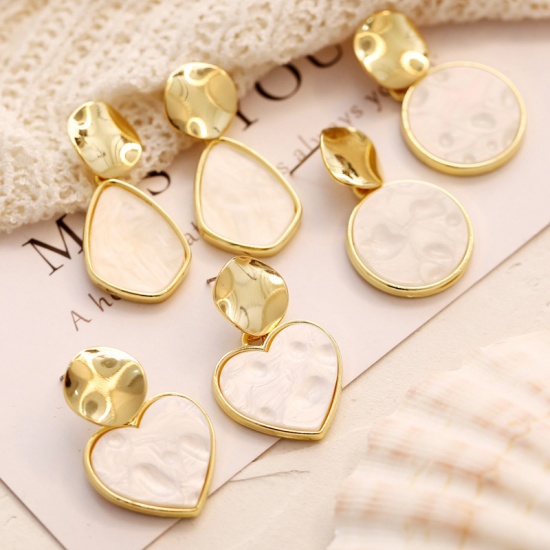 Picture of Acrylic Ear Post Stud Earrings Gold Plated Heart Sequins 4.5cm x 2cm, 1 Pair