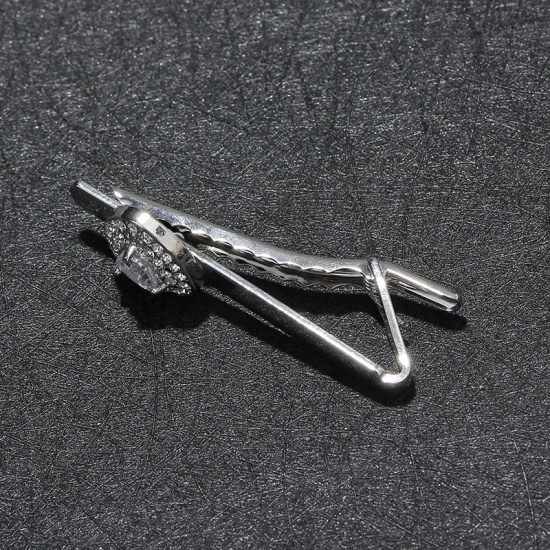 Immagine di Lega di Zinco Cravatta Fermagli Tono Argento Trasparente Strass 6.4cm x 1.8cm, 1 Pz
