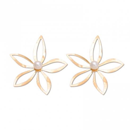 Picture of Ear Post Stud Earrings Gold Plated White Flower Imitation Pearl 90mm x 80mm, 1 Pair