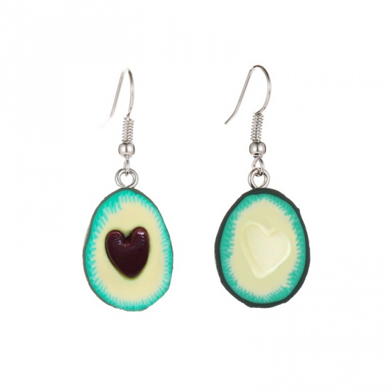 Picture of Polymer Clay Earrings Silver Tone Fruit Green Avocado Fruit Heart 40mm x 10mm, 1 Pair
