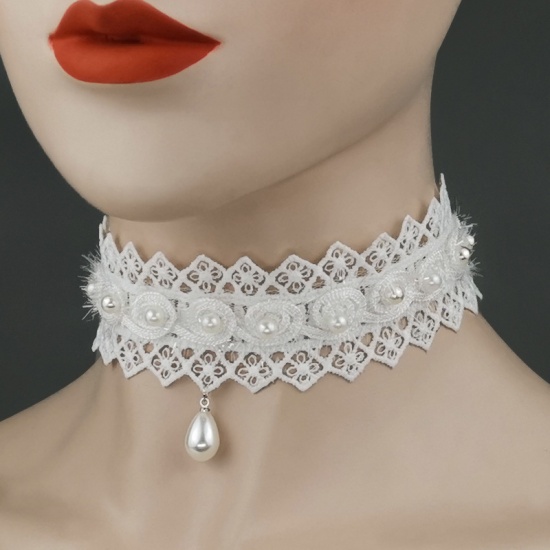 Picture of Choker Necklace White Lace Imitation Pearl 30cm(11 6/8") long, 1 Piece