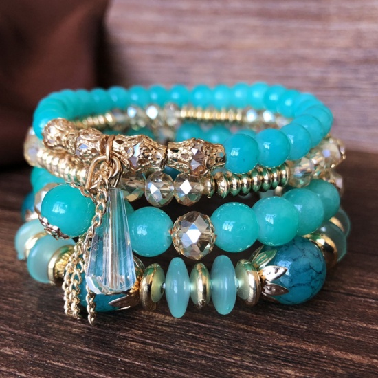 Image de Bracelets Raffinés Bracelets Délicats Bracelet de Perles Style Bohème en Cristal Cyan Elastique 18cm long, 1 Kit ( 4 Pcs/Kit)