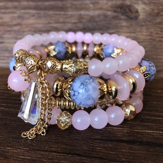 Image de Bracelets Raffinés Bracelets Délicats Bracelet de Perles Style Bohème en Cristal Rose Clair Elastique 18cm long, 1 Pièce ( 4 Pcs/Kit)