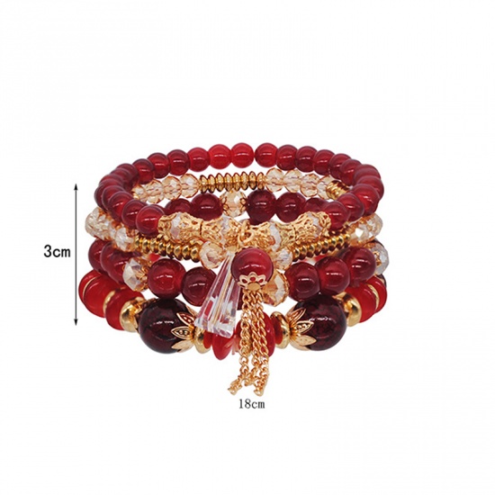 Picture of Crystal Boho Chic Bohemia Dainty Bracelets Delicate Bracelets Beaded Bracelet Deep Red Elastic 18cm(7 1/8") long, 1 Piece ( 4 PCs/Set)