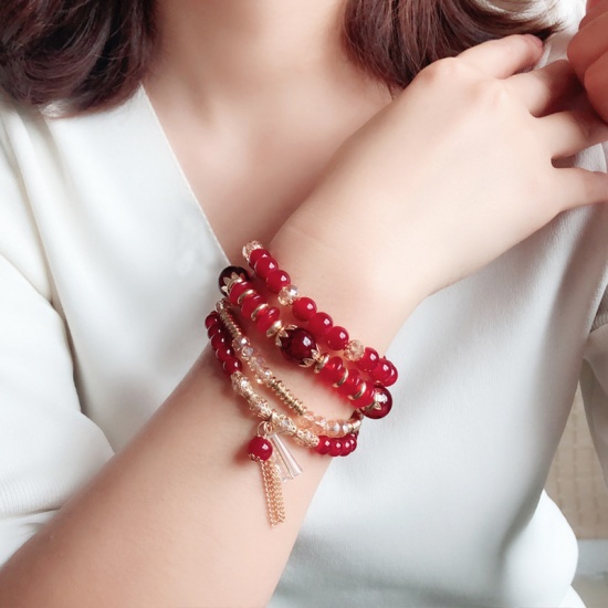 Picture of Crystal Boho Chic Bohemia Dainty Bracelets Delicate Bracelets Beaded Bracelet Deep Red Elastic 18cm(7 1/8") long, 1 Piece ( 4 PCs/Set)