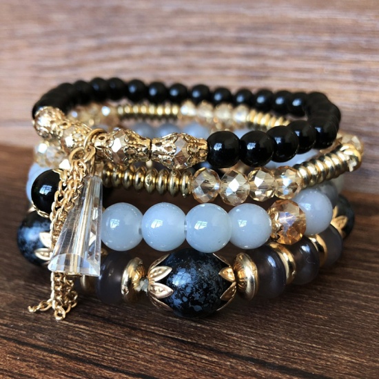 Image de Bracelets Raffinés Bracelets Délicats Bracelet de Perles Style Bohème en Cristal Noir Elastique 18cm long, 1 Pièce ( 4 Pcs/Kit)