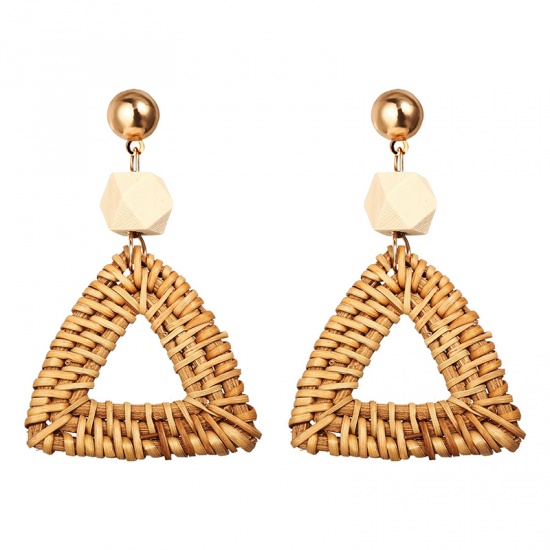 Picture of Wood Rattan Braided Earrings Brown Round 80mm x 35mm, 1 Pair