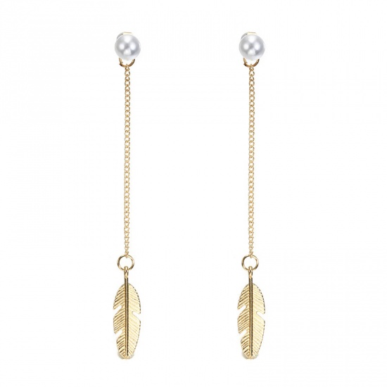 Picture of Earrings Gold Plated White Leaf Imitation Pearl 10cm x 0.9cm, 1 Pair