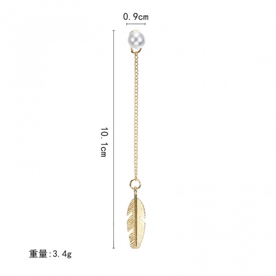 Picture of Earrings Gold Plated White Leaf Imitation Pearl 10cm x 0.9cm, 1 Pair