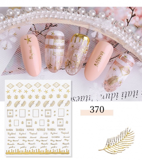 Picture of PVC 3D Nail Art Stickers Decoration Feather Star Fish Golden 1 Sheet