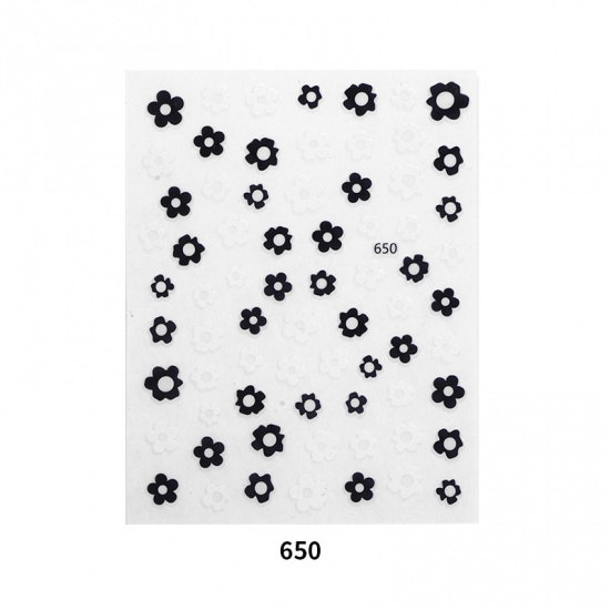 Picture of PVC Nail Art Stickers Decoration Flower Black & White 1 Sheet