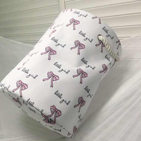 Picture of Canvas Clothes Laundry Basket Bag White & Pink Bowknot 35cm, 1 Piece