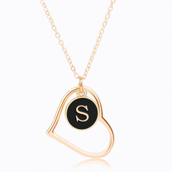 Picture of Necklace Gold Plated Black Heart Initial Alphabet/ Capital Letter Message " S " 40cm(15 6/8") long, 1 Piece
