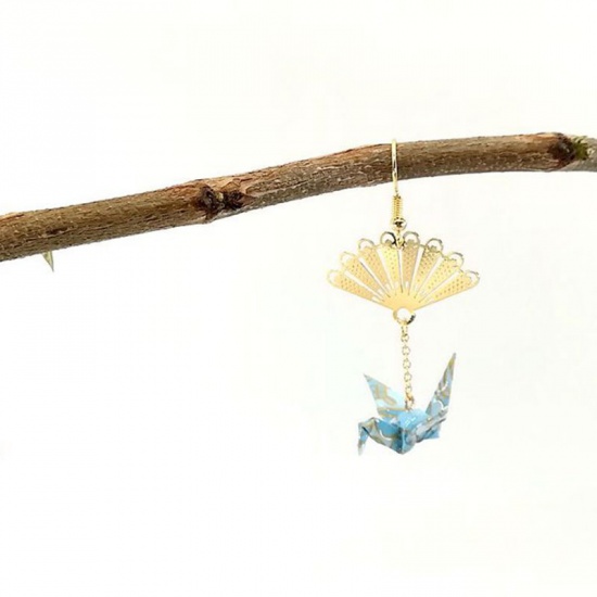 Picture of Brass Earrings Blue Fan Thousand paper crane 65mm, 1 Piece                                                                                                                                                                                                    