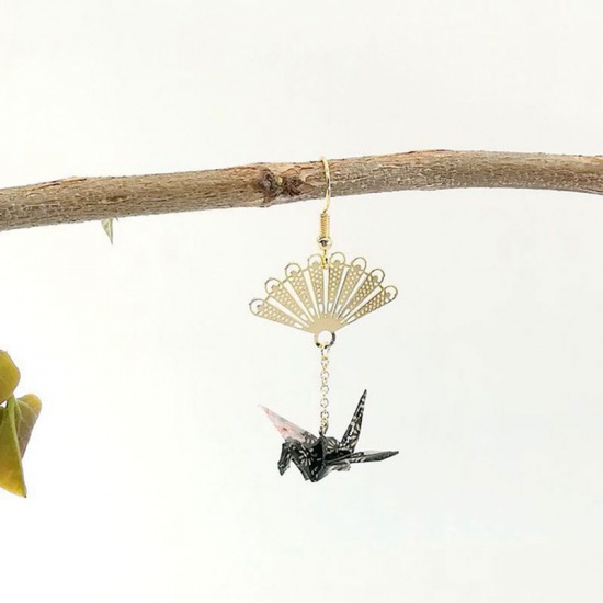 Picture of Brass Earrings Black Fan Thousand paper crane 65mm, 1 Piece                                                                                                                                                                                                   