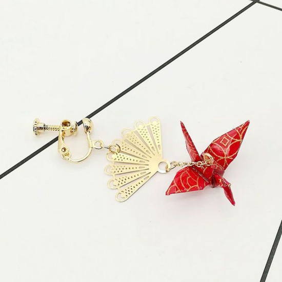 Picture of Brass Ear Clips Earrings Red Fan Thousand paper crane 65mm, 1 Piece                                                                                                                                                                                           