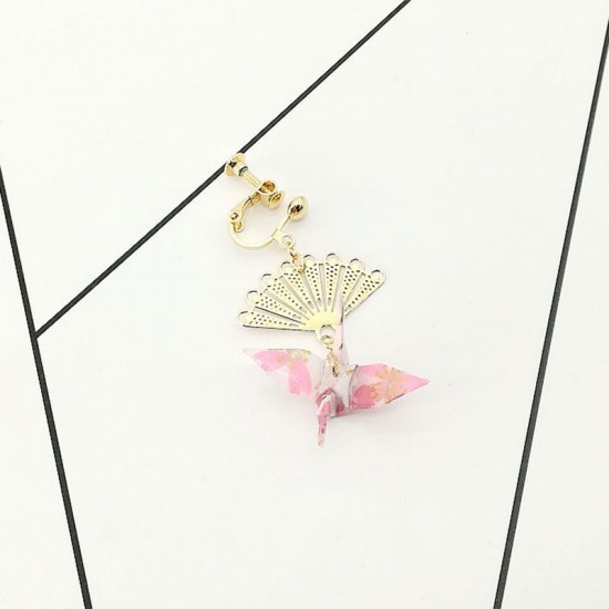 Picture of Brass Ear Clips Earrings Pink Fan Thousand paper crane 65mm, 1 Piece                                                                                                                                                                                          