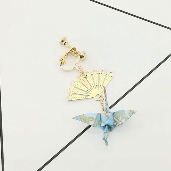 Picture of Brass Ear Clips Earrings Blue Fan Thousand paper crane 65mm, 1 Piece                                                                                                                                                                                          