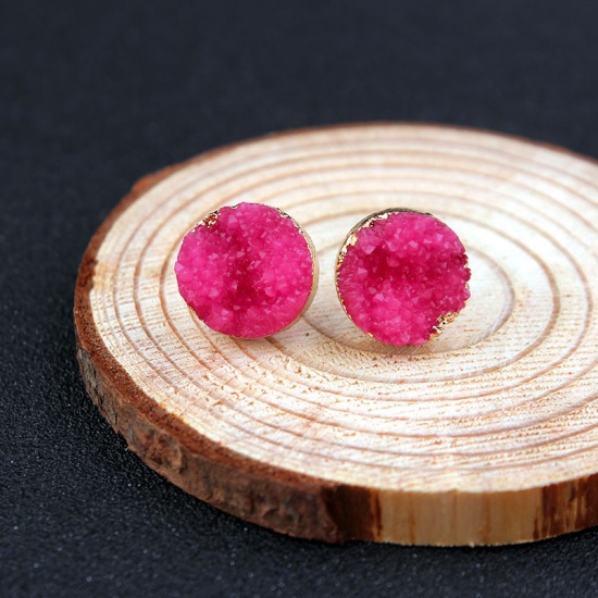 Picture of Druzy/ Drusy Ear Post Stud Earrings Fuchsia Round 12mm Dia., 1 Pair