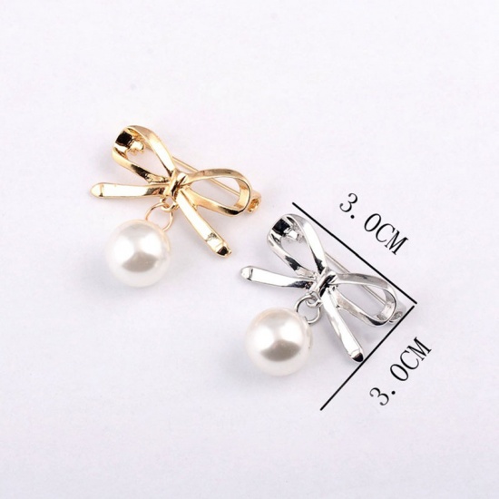 Picture of Pin Brooches Bowknot Silver Tone White Imitation Pearl 30mm x 30mm, 1 Piece