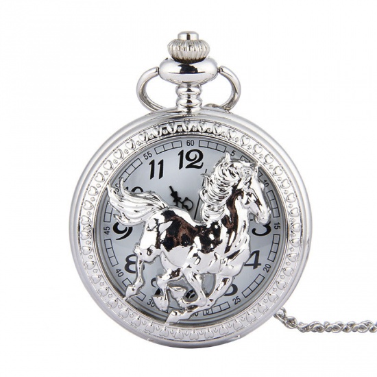 Picture of Pocket Watches Round Silver Tone Horse Pattern Battery Included 47cm long, 1 Piece