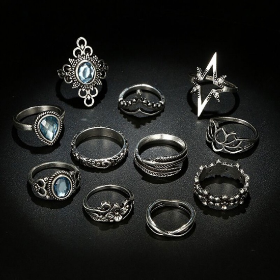 Picture of Rings Antique Silver Star Butterfly Blue Rhinestone 18.5mm(US size 8.5) - 15mm(US Size 4), 1 Set ( 11 PCs/Set)
