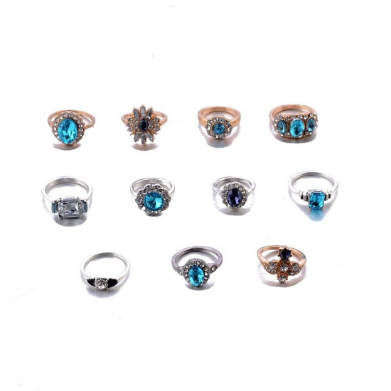 Picture of Rings Gold Plated & Silver Tone Oval Blue Rhinestone 1 Set ( 11 PCs/Set)
