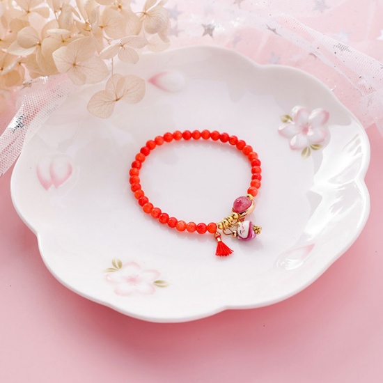 Picture of Dainty Bracelets Delicate Bracelets Beaded Charm Bracelet Red Tassel Cat 5cm Dia, 1 Piece