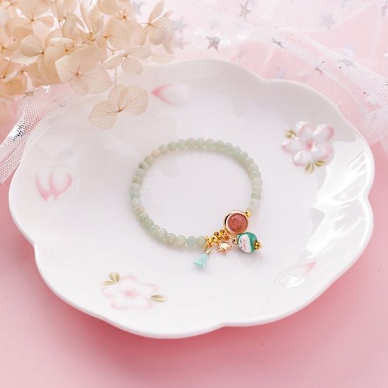 Picture of Dainty Bracelets Delicate Bracelets Beaded Charm Bracelet Light Green Tassel Cat 5cm Dia, 1 Piece