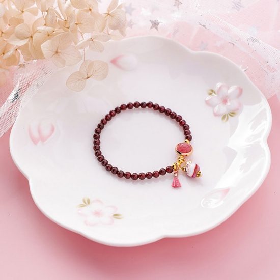 Picture of Dainty Bracelets Delicate Bracelets Beaded Charm Bracelet Brown Red Tassel Cat 5cm Dia, 1 Piece