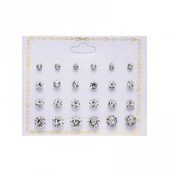 Picture of Ear Post Stud Earrings Set Round Clear Cubic Zirconia 8mm Dia. - 5mm Dia., 1 Set ( 12 PCs/Set)