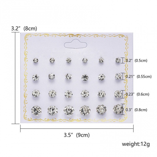 Picture of Ear Post Stud Earrings Set Round Clear Cubic Zirconia 8mm Dia. - 5mm Dia., 1 Set ( 12 PCs/Set)