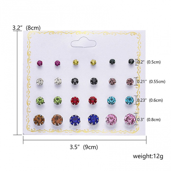 Picture of Ear Post Stud Earrings Set Round Multicolour Cubic Zirconia 8mm Dia. - 5mm Dia., 1 Set ( 12 PCs/Set)