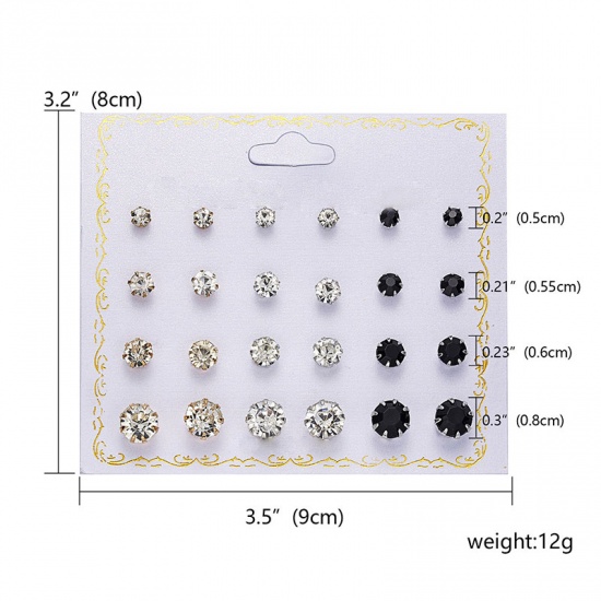 Picture of Ear Post Stud Earrings Set Round Clear & Black Cubic Zirconia 8mm Dia. - 5mm Dia., 1 Set ( 12 PCs/Set)