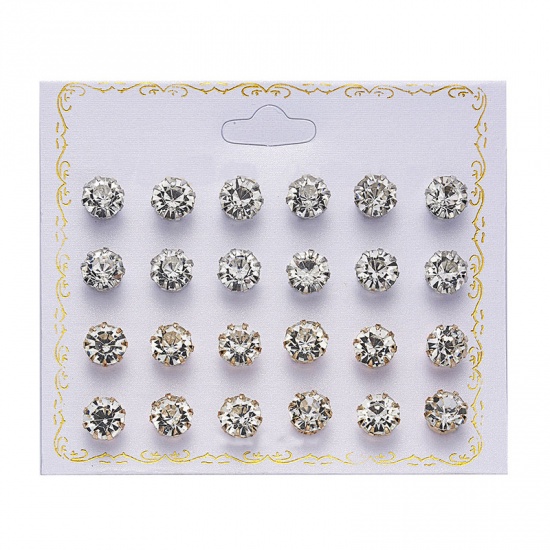 Picture of Ear Post Stud Earrings Set Round Clear Cubic Zirconia 8mm Dia., 1 Set ( 12 PCs/Set)