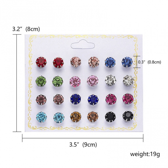 Picture of Ear Post Stud Earrings Set Round Multicolour Cubic Zirconia 8mm Dia., 1 Set ( 12 PCs/Set)