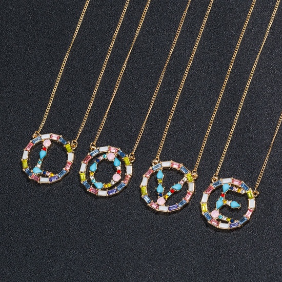 Picture of Necklace KC Gold Plated Circle Ring Initial Alphabet/ Capital Letter Message " D " Multicolor Rhinestone 25cm(9 7/8") long, 1 Piece