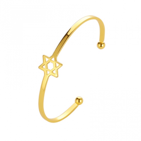 Picture of Open Cuff Bangles Bracelets Gold Plated Star Of David Hexagram Hollow 7cm Dia, 1 Piece