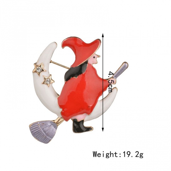 Picture of Halloween Pin Brooches Broom Halloween Witch Red Enamel 45mm, 1 Piece