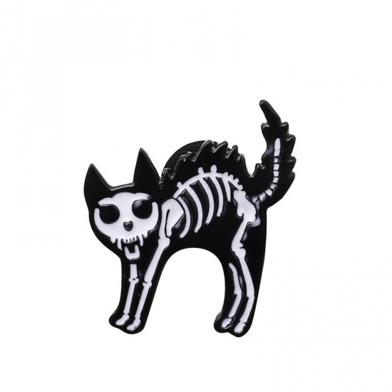 Picture of Halloween Pin Brooches Cat Animal Black & White Enamel 1 Piece